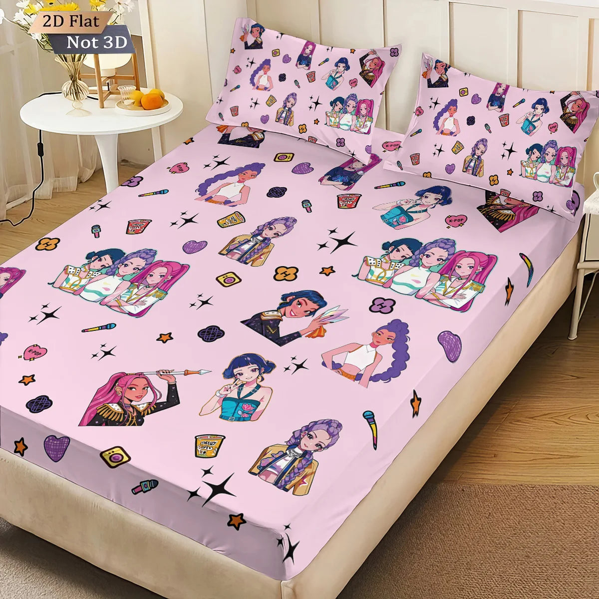 Bedding set with cartoon character design on a bed in a room.