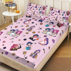 Bedding set with cartoon character design on a bed in a room.