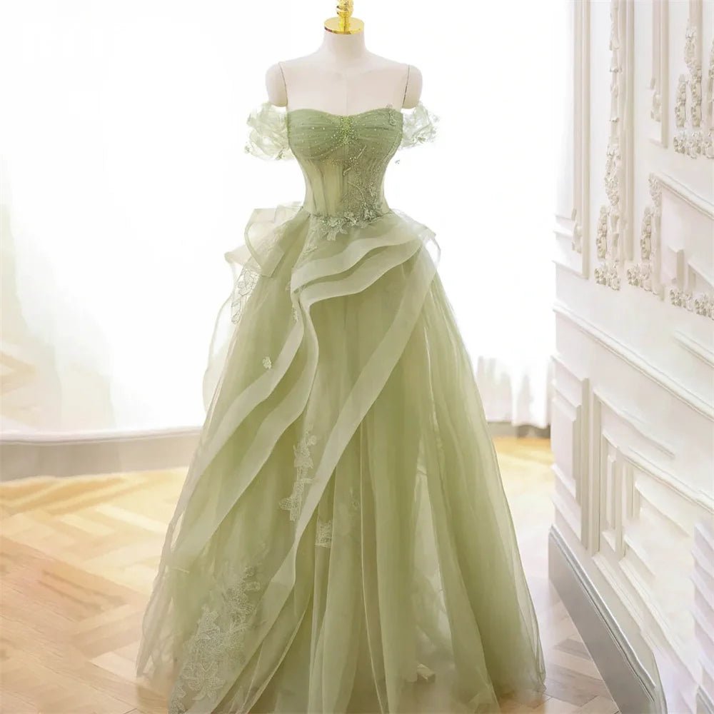 Sage Green Sweetheart Tulle Prom Dress Long A-Line Appliques Tiered Floor Length Evening Gown Women