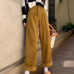 Women's Vintage Straight Wide Leg Corduroy Pants Casual High Waist Pockets Retro Trousers