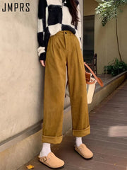 Women's Vintage Straight Wide Leg Corduroy Pants Casual High Waist Pockets Retro Trousers