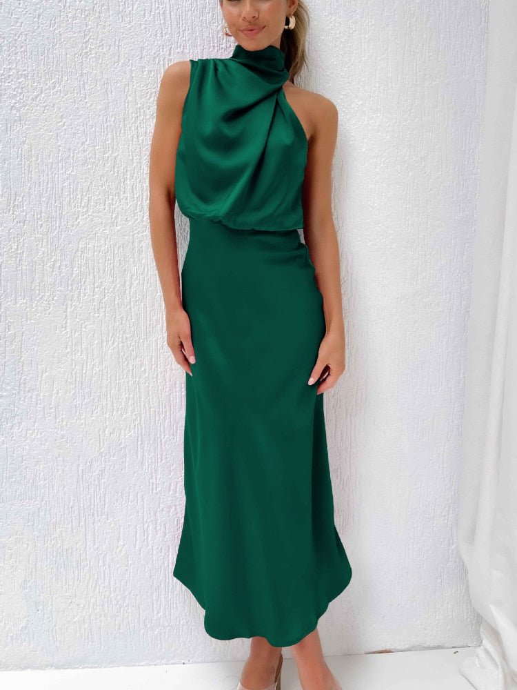 Satin Asymmetric Neckline Midi Dress Women Sleeveless Elegant Evening Party Wedding Guest Fashion