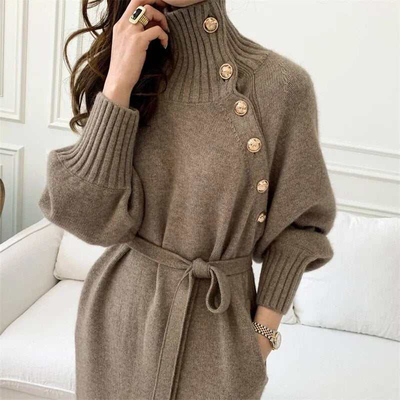 Women Knitted Dress Elegant Full Sleeve Turtleneck Sweater Dress with Button Decoration