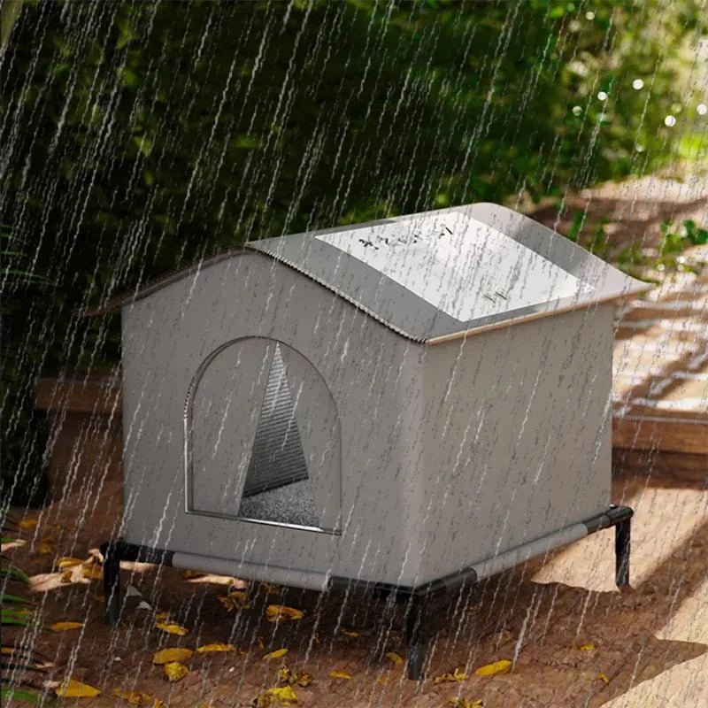 Dog house with a roof during rain
