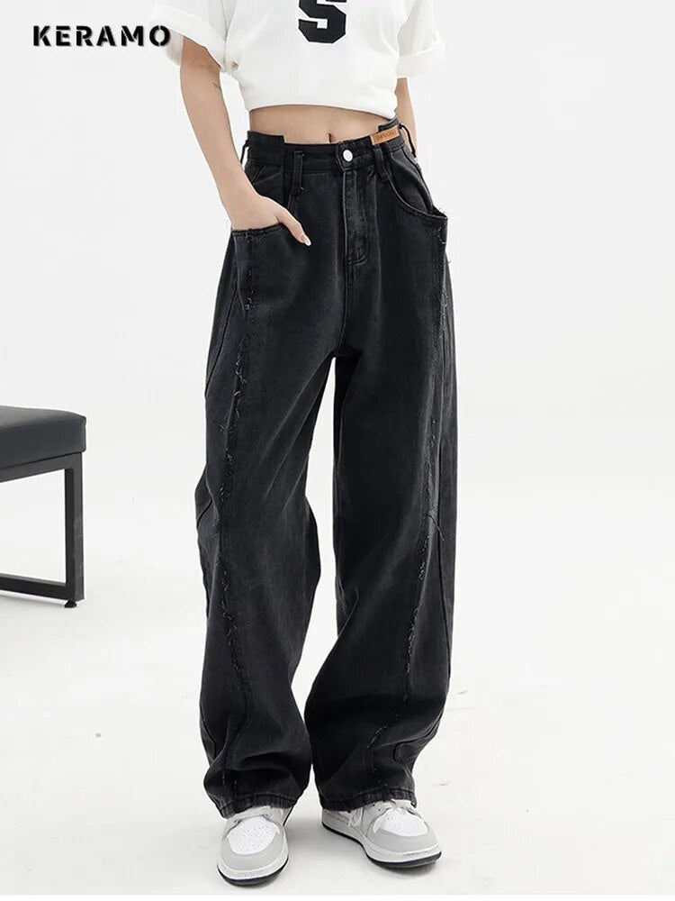 Women's Baggy  Long Jeans Black Wide Leg Trousers Streetwear Vintage High Waist Denim Pants Big Pocket