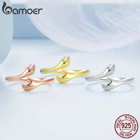 Hugging Hands Ring Women 925 Sterling Silver Platinum Plated Adjustable Love Symbol Jewelry Gift