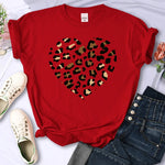 Broken Leopard Heart T-Shirt Casual Fashion Top Comfortable Women's TEE