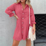 Single-Breasted Denim Mini Shirt Dress  Long Sleeve Denim Dress A-Line Mini Shirt Dress