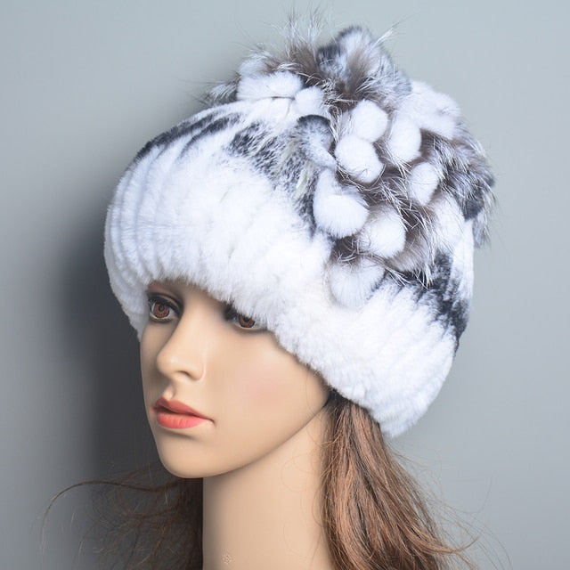 Women's Genuine Rex Rabbit Fur Hat Striped Top Flower Warm Real Fur Knit Beanie Caps