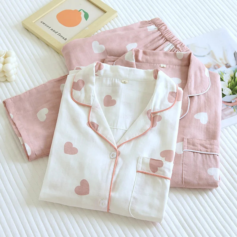 Heart-Print Long-Sleeve Pajama Set 100% Cotton