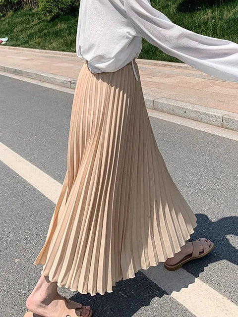 High Waist Pleated Midi Skirt Women Stretch Long Casual Elastic Comfortable Fashion Skirt