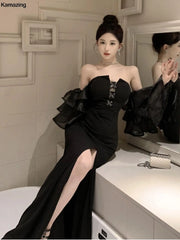 New Fashion Sexy Black Wedding Party Prom Dresses Elegant Slim Waist Side Split Spring Summer Off Shoulder Dress