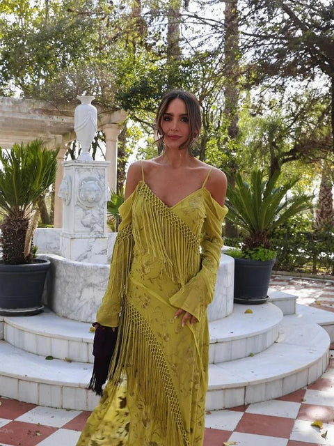 Maxi Dress Women Elegant Green Tassel Irregular Print V-Neck Long Sleeve Spaghetti Strap Boutique