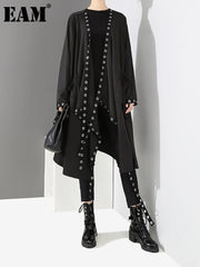 Loose Fit Ribbon Pleated Coat Black Hollow Out Goth Coat