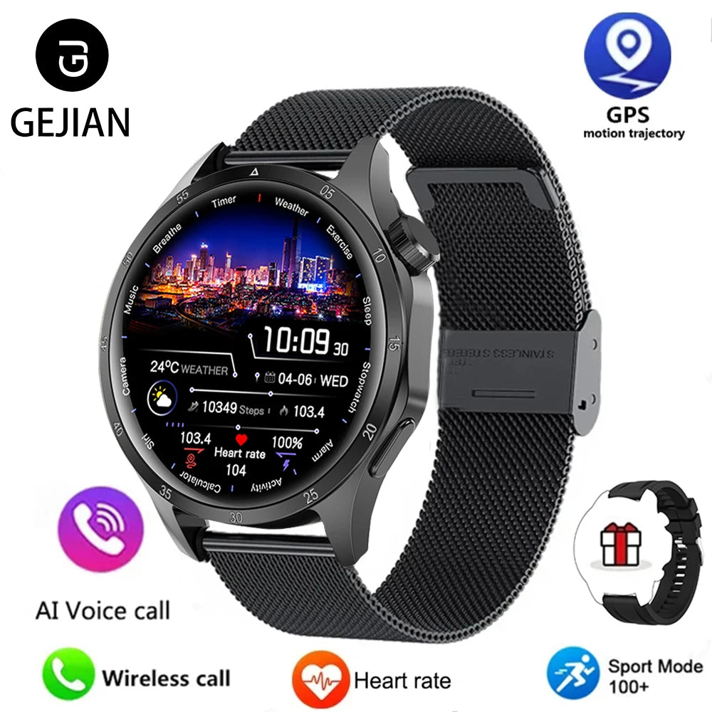 Smartwatch with black mesh band on a white background, featuring GEJIAN branding and various watch functions.