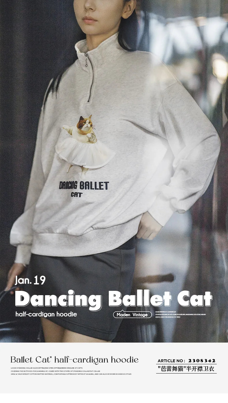 Dancing Ballet Cat Half-Cardigan Cartoon Sweatshirt Stand Collar Casual Loose Top Long Sleeve Pullover Light Gray Sweat Top