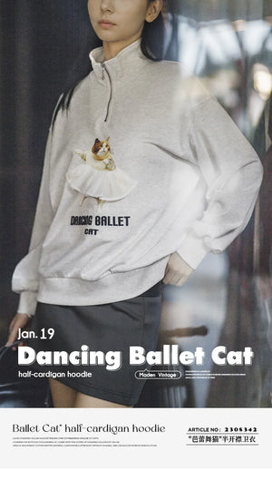 Dancing Ballet Cat Half-Cardigan Cartoon Sweatshirt Stand Collar Casual Loose Top Long Sleeve Pullover Light Gray Sweat Top