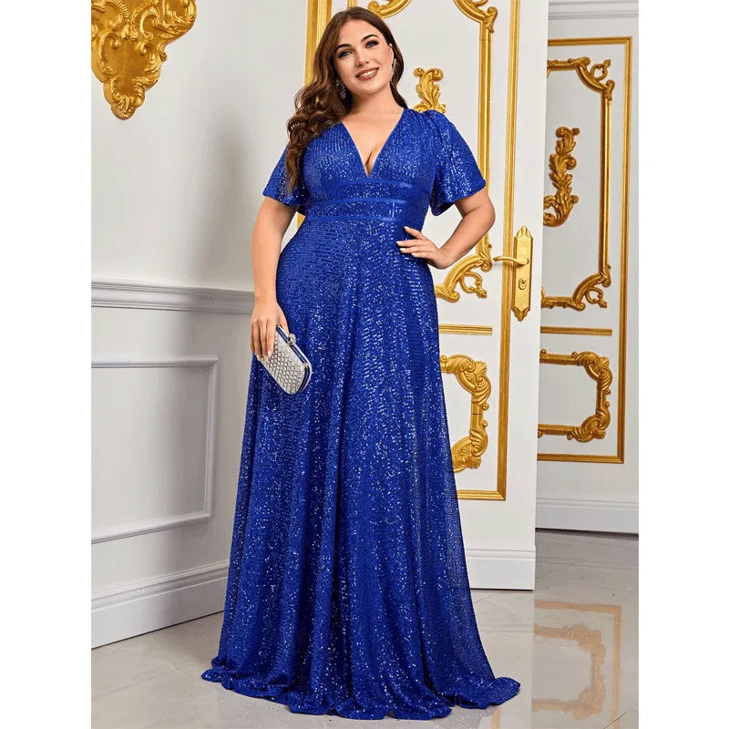 Plus Size Blue Sequins Shiny Maxi Evening Dress Elegant V-Neck Short Sleeve Loose Sparkly Gown Prom Wedding