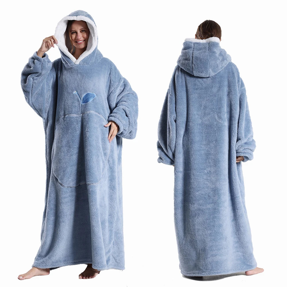Blue hooded blanket worn by a person, shown from front and back on a white background.