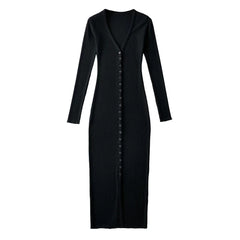 Backless V-neck Button Bodycon Mid-calf Dress