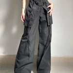 Low Waist Wide Leg Pants Grunge Loose Trousers Patchwork Ribbon Hem Cargo Pants for Women