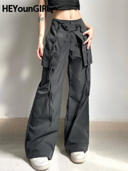 Low Waist Wide Leg Pants Grunge Loose Trousers Patchwork Ribbon Hem Cargo Pants for Women
