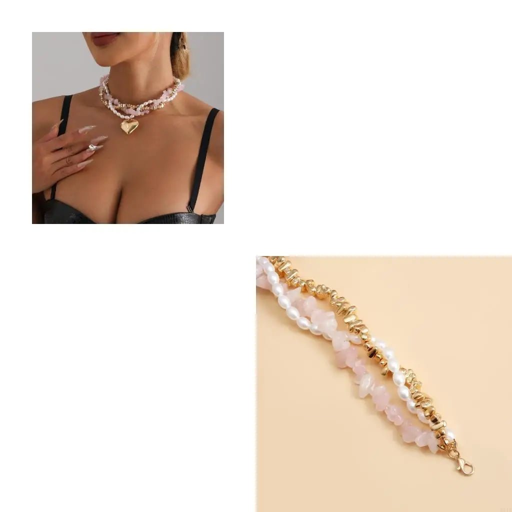 Necklace with heart pendant worn by a model on a white background