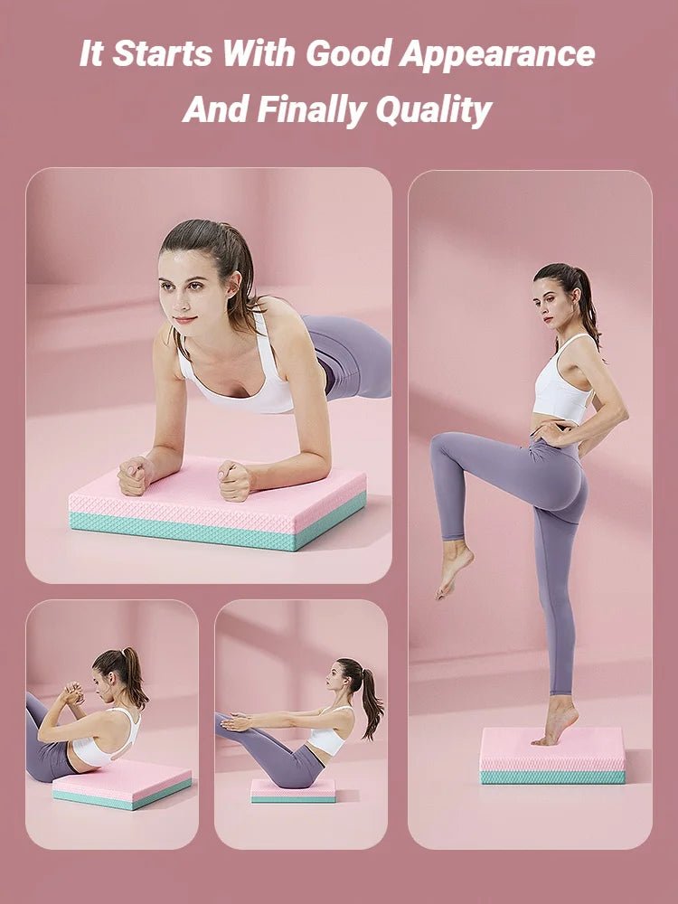 Woman using a pink and green exercise board with text about good appearance and quality.