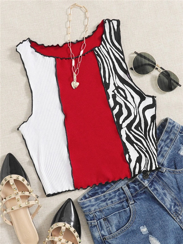 Women's Zebra Stripe Graphic Patchwork Rib Knit Crop Top Vest Y2K Sleeveless Tank Tops