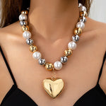 SteamPunk CCB Ball Bead Necklace – Vintage Pearl & Gold Heart Pendant Choker for Women