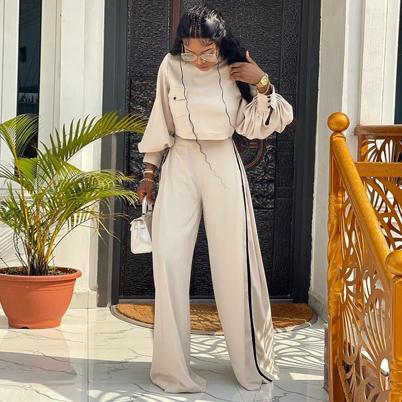 Women's 2-Piece Pant Set  O-Neck Long Sleeve Irregular Top And Long Wide Leg Flare Pants Trousers Matching Suits