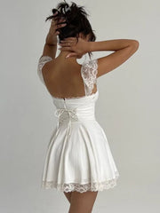 Elegant White Lace Strap Mini Dress For Women Boutique Fashion Sleeveless Backless Loose Sexy Short A-Line Dresses White, Black