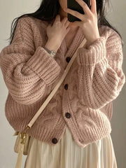 High Quality Vintage Solid Knit Cardigan for Women V-neck Single Breasted Casual Loose Thick Sweater