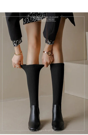 Knitted w/ Faux Leather Knee-High Sock Boots for Women New Fashion Slip On Med Heel Retro Elastic Boots