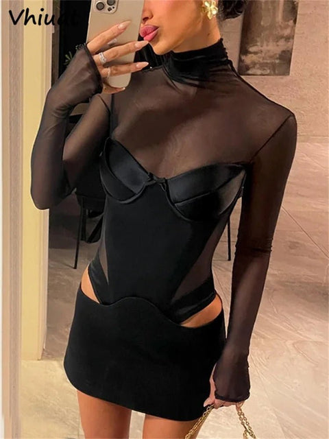 Satin Mini Dress Sheer Mesh Long Sleeve High Neck Bodycon Sexy Party Club Night Out Women