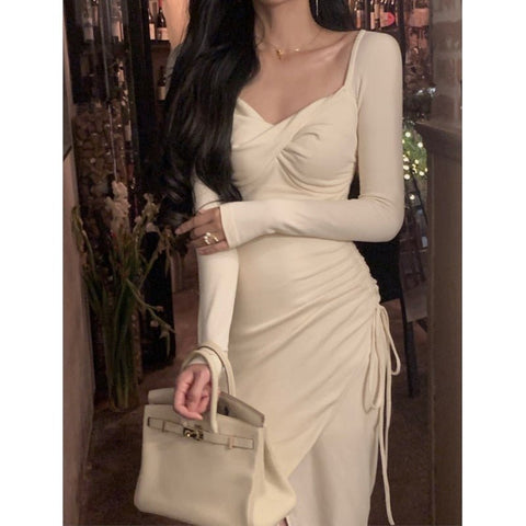 Long Sleeve Knit Midi Dress Women Elegant Square Neck Lace-Up Party Casual Fashion Dress
