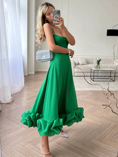 Maxi Dress Women Spaghetti Strap A-Line Ruffle Sleeveless Backless Zip-Up Green Elegant Party Prom