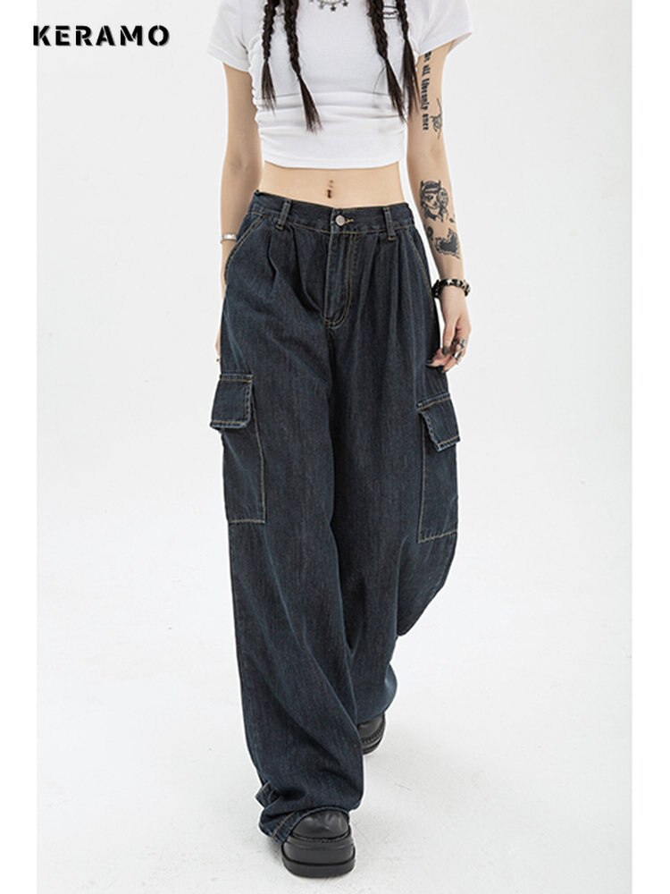 Women's Y2k Cargo Baggy Blue Jeans Streetwear Hip Hop Oversized Casual Wide Leg Vintage Demin Pants Loose Trousers
