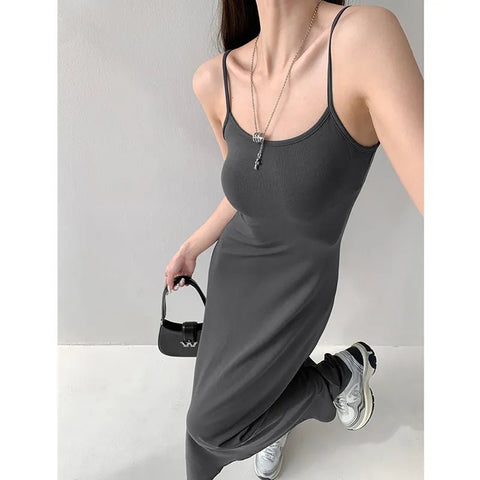 Maxi Dress Women Grey Spaghetti Strap Sleeveless Simple Elegant Temperament Long Casual Fashion