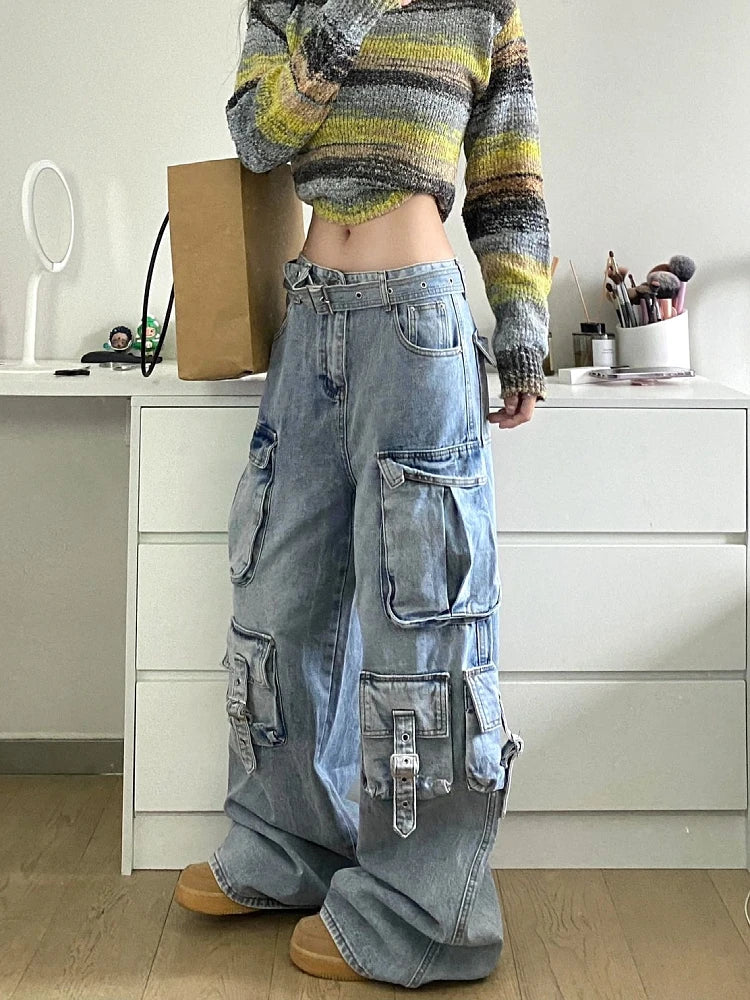 Cargo Jeans American Style Street Style Baggy Cargo Pants for Women Multi-pocket Wide Leg Denims