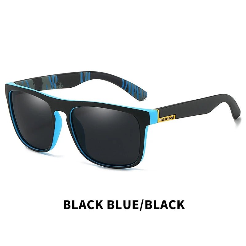 Black and blue sunglasses with 'Polarized' label on a white background