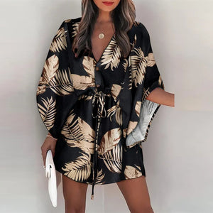 Women's Tropical Print Dress V Neck Batwing Sleeve Tie Mini Dress Beachwear