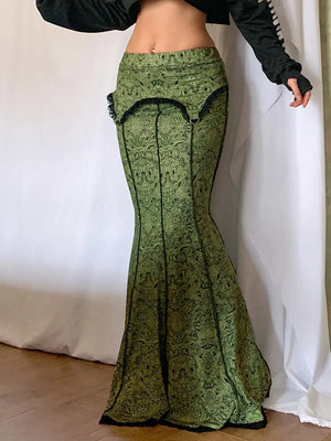 Y2K Vintage Fashion Green Long Mermaid Skirt Graphic Print Lace Trim Mid-High Waist Skirt 2000s Aesthetic