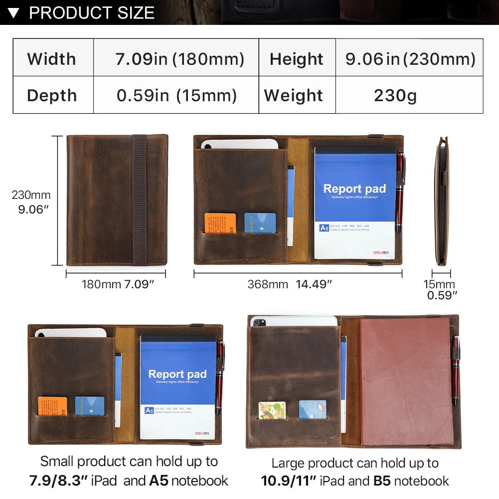 Product dimensions and features of a leather case with a tablet and notebook inside.