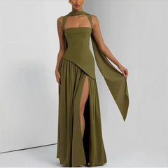 Olive green evening gown with a slit on a white background