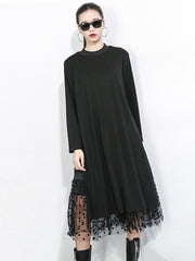 Black Mesh Dot Split Joint Loose Fit Dress Round Collar Long Sleeve Loose Fit Fashion
