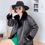 Women's Oversized Faux Leather Shearling Jacket with Zippered Closure in Black and White