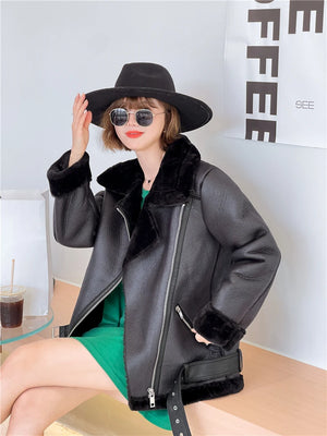 Women's Oversized Faux Leather Shearling Jacket with Zippered Closure in Black and White