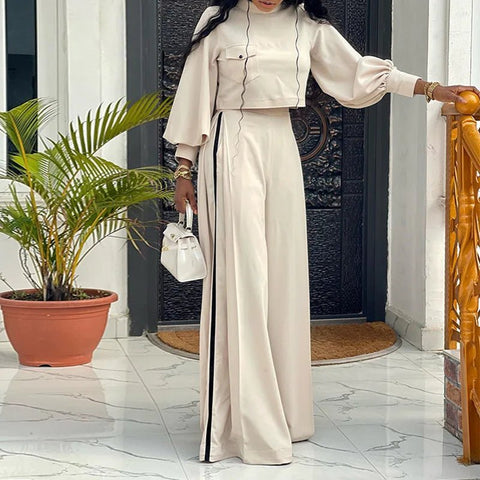 Pant Set Women 2-Piece Stripe Print Long Sleeve Blouse Sheath Matching Casual Spring Autumn Suit