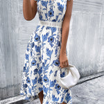 Casual Elegant Lace Stitch Dress for Women Summer Floral Print Hollow Long Irregular Hem Dress